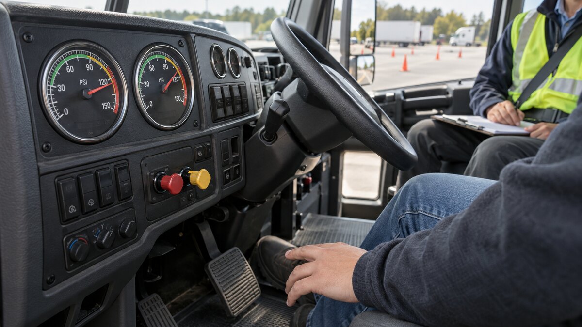 CDL student checking dual air-pressure gauges during a parked air-brake inspection