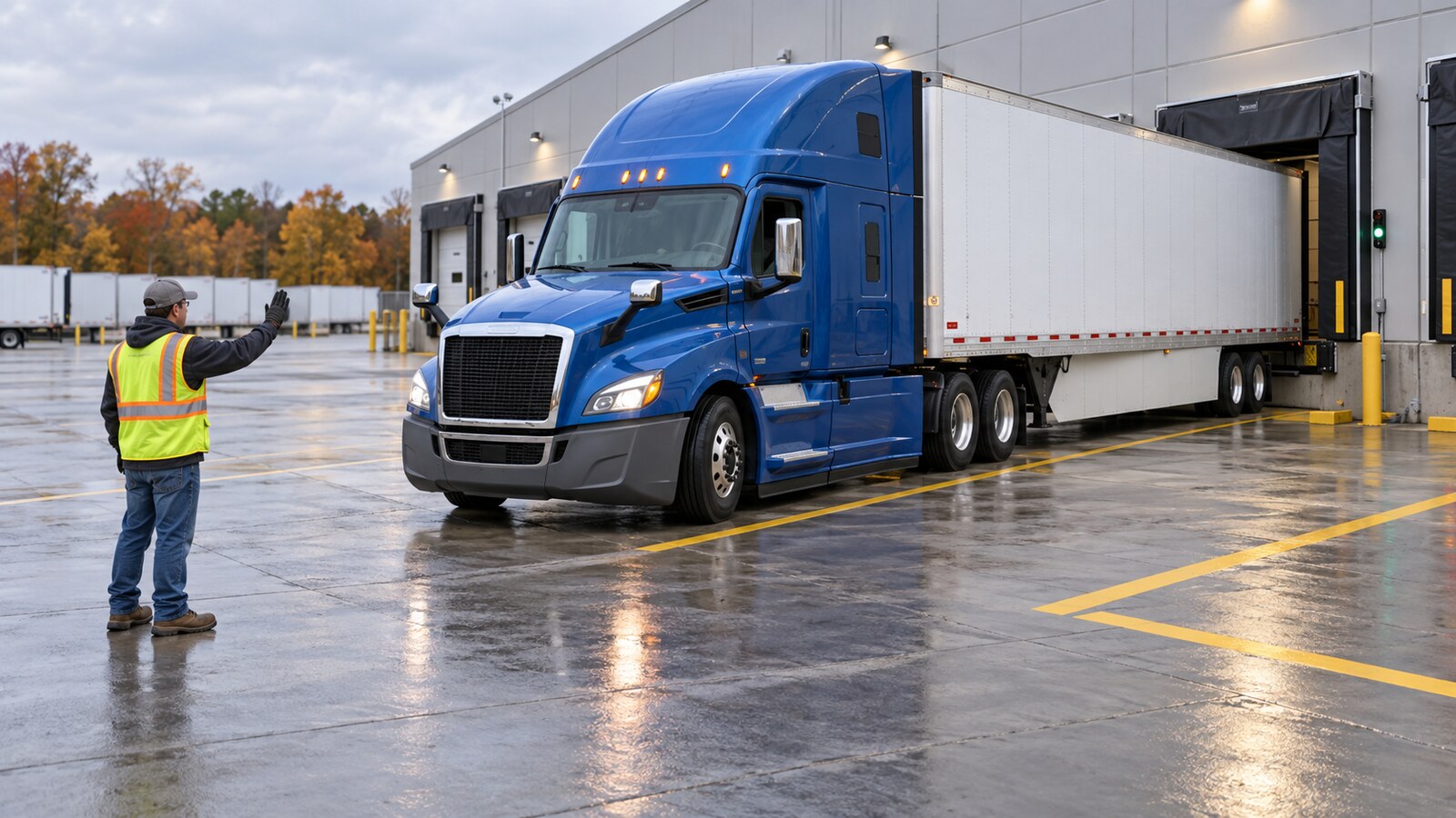 CDL instructor safely spotting a blue tractor-trailer backing toward a loading dock in an autumn training yard