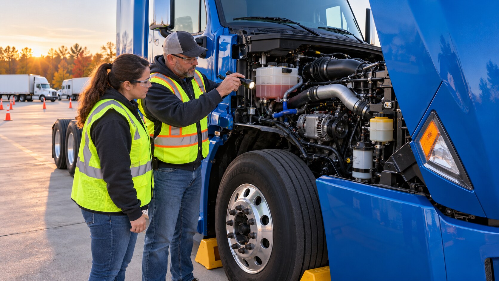 CDL instructor and trainee safely inspecting fluids, hoses, and belts in the open engine compartment of a chocked blue commercial truck