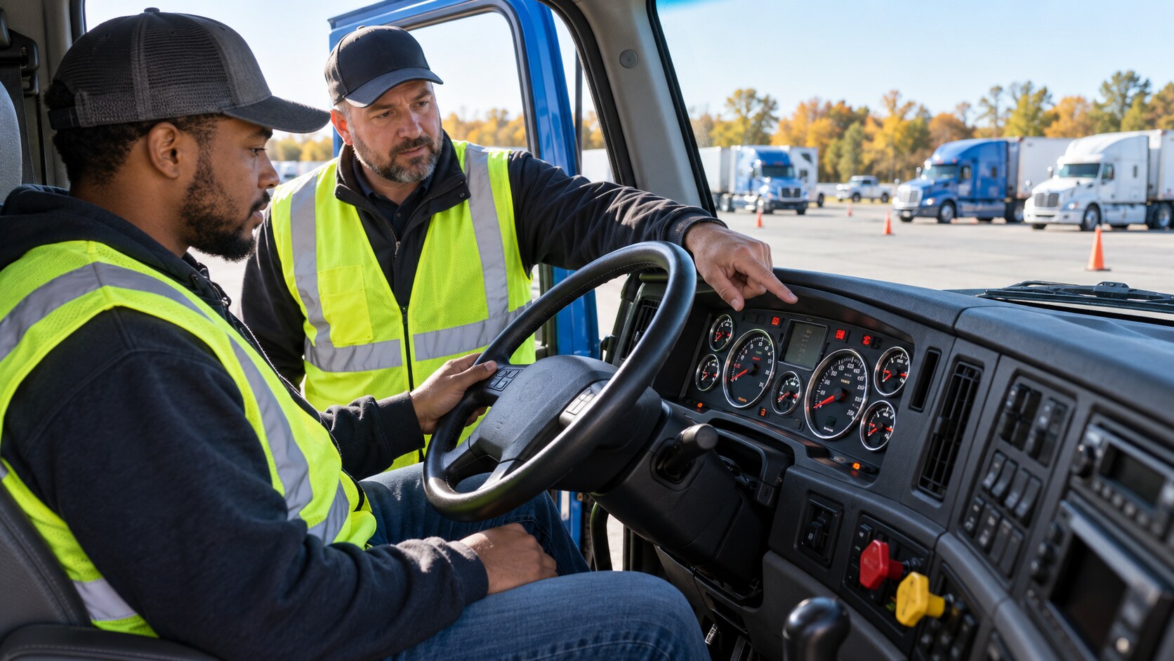 CDL instructor guiding a trainee through a stationary commercial truck dashboard inspection on a cool autumn morning