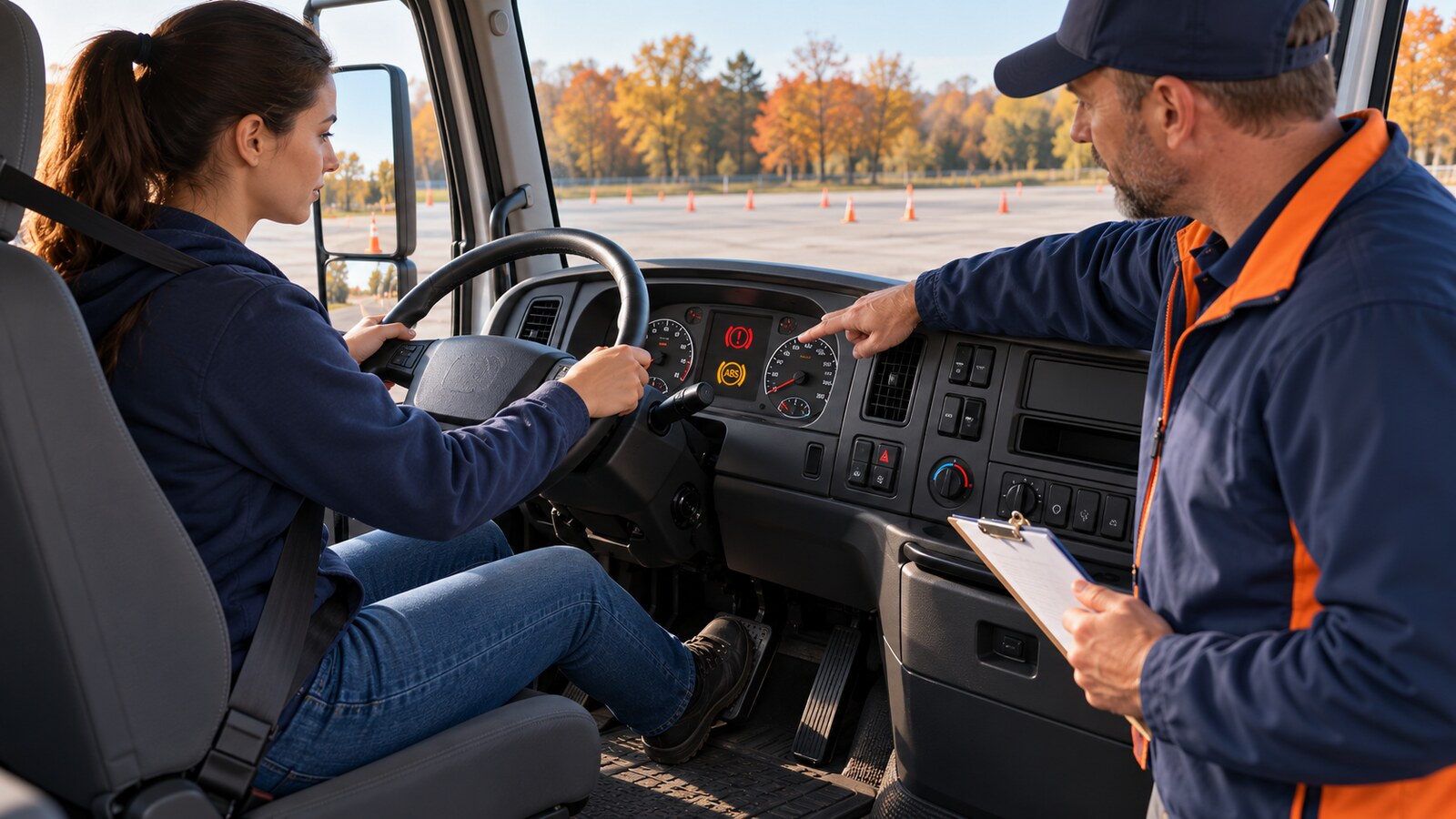 CDL instructor guiding a belted trainee through hydraulic brake warning-light and pedal checks inside a secured Class B commercial vehicle on an autumn training pad