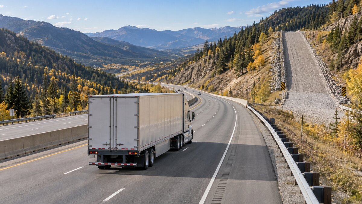 Tractor-trailer descending a mountain highway beside an emergency escape ramp in early autumn