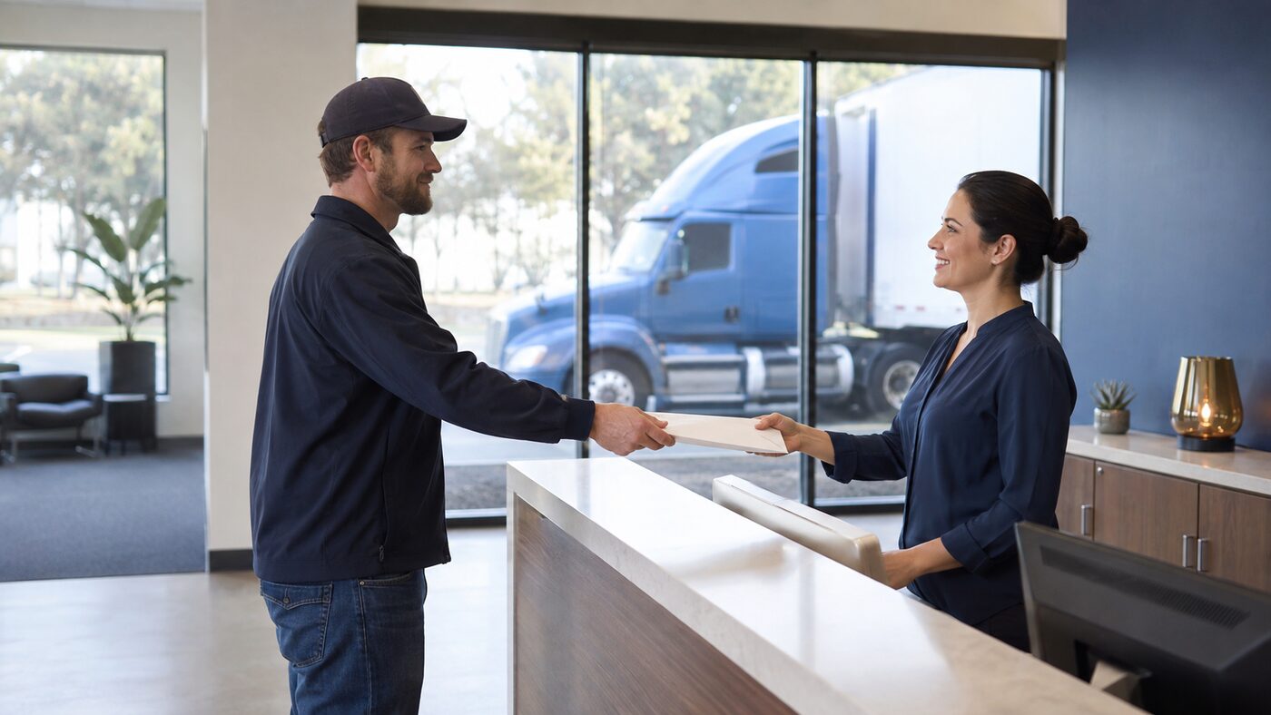 CDL applicant completing pre-employment paperwork at an occupational testing clinic with a tractor-trailer visible outside