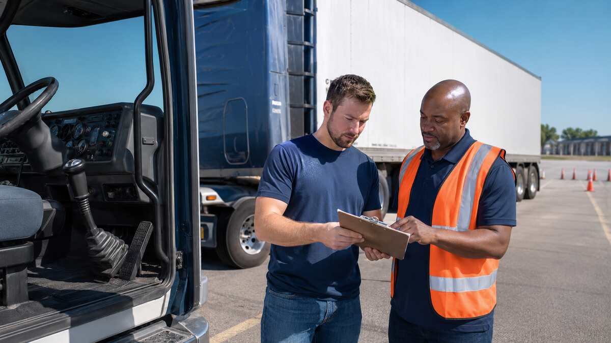CDL student and instructor choosing a representative skills-test vehicle at a training yard