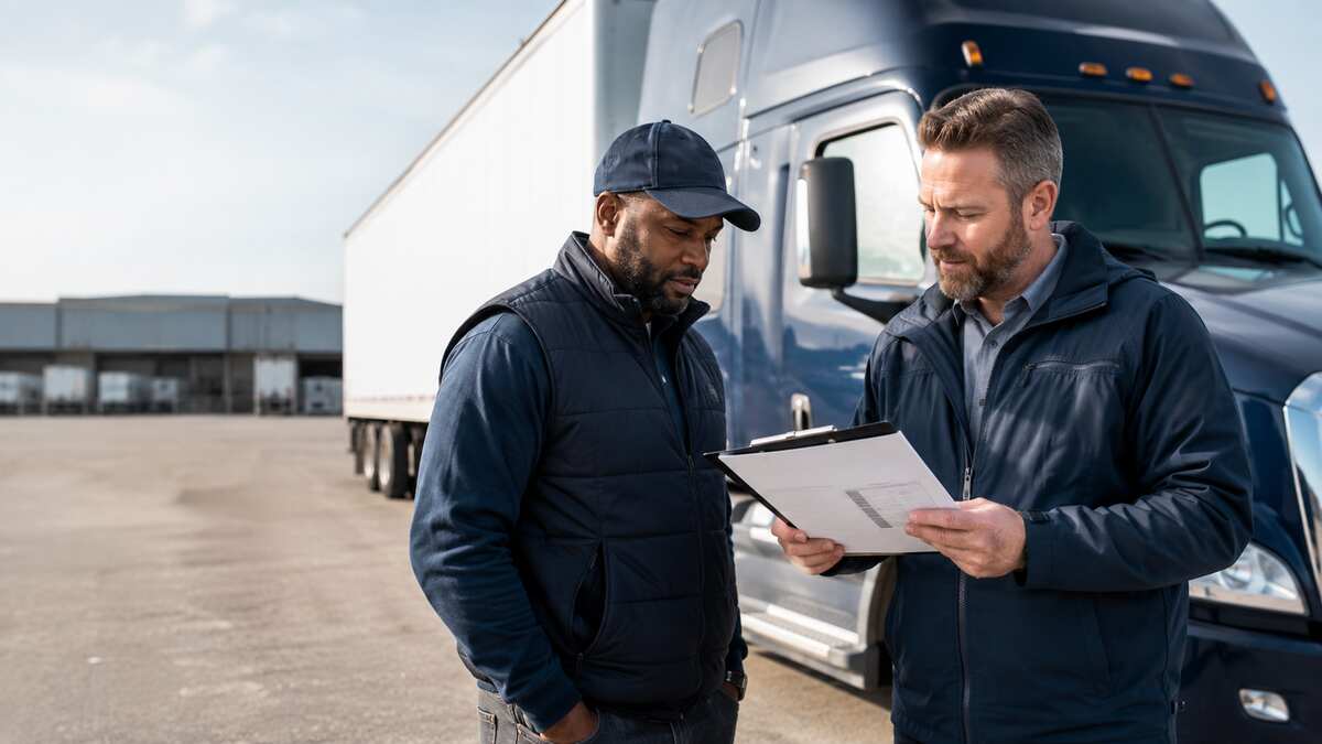 Commercial driver and safety manager reviewing a driving record beside a safely parked tractor-trailer