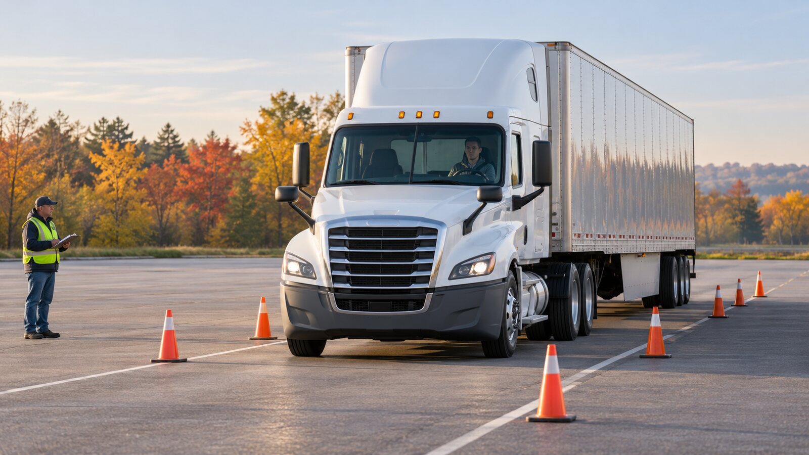 CDL instructor observing a white tractor-trailer performing a low-speed service-brake check on a closed autumn training pad
