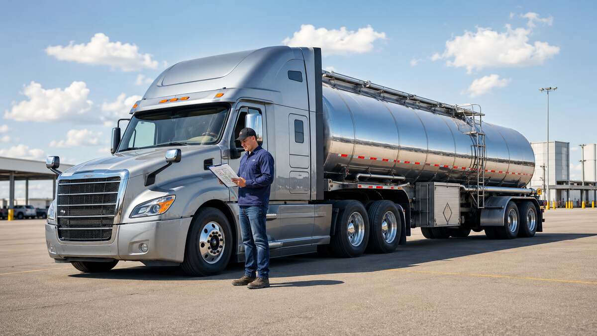 CDL driver reviewing endorsement study materials beside a parked tanker truck