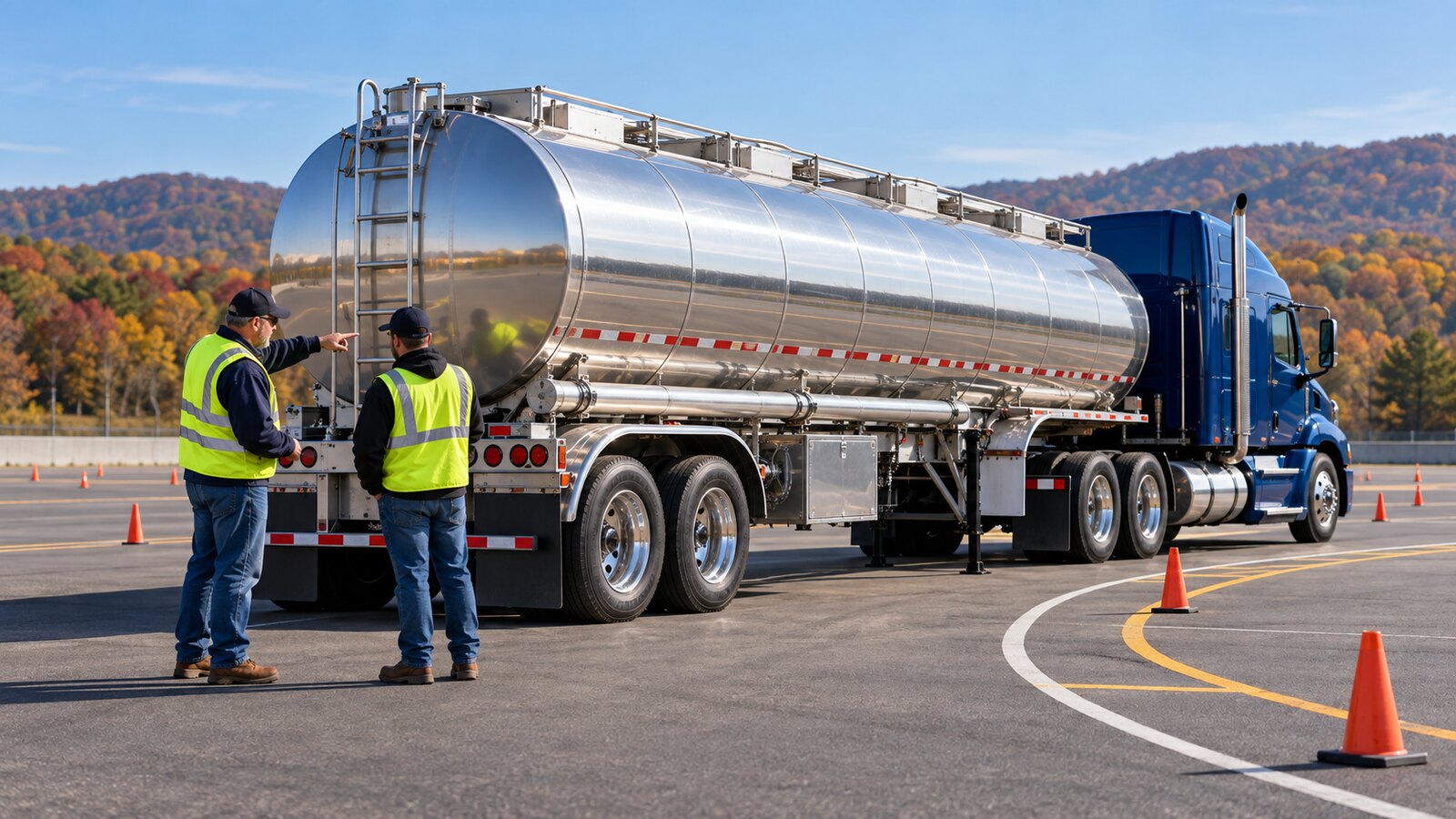CDL instructor and trainee reviewing a silver liquid cargo tank trailer on a closed commercial driver training range with a marked curve and safety cones