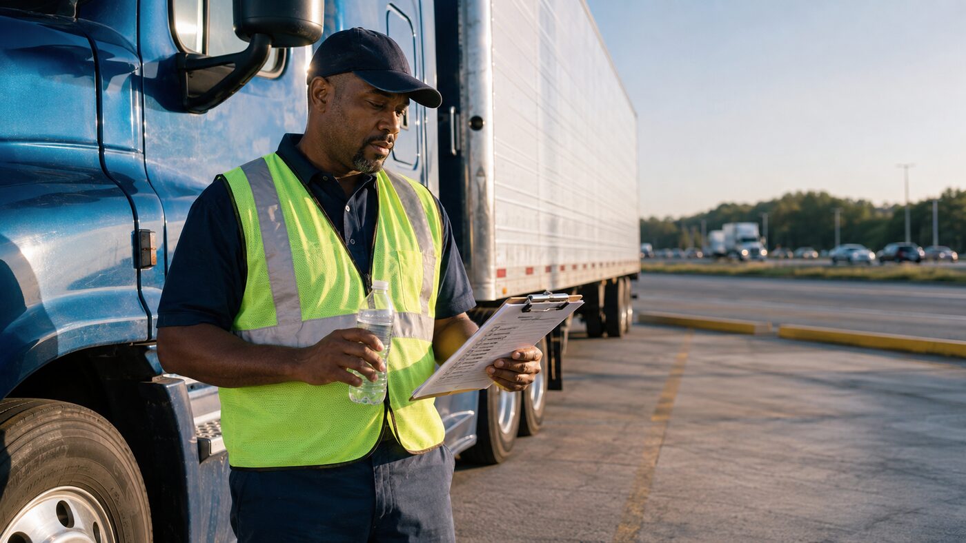 Professional commercial driver reviewing a safety checklist with water beside a parked tractor-trailer