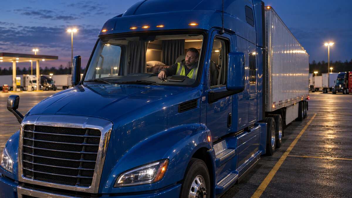 Tired commercial driver choosing to rest in a legally parked blue semi-truck before dawn