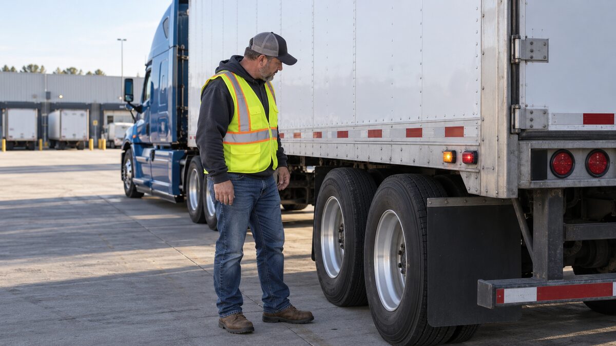 Commercial driver inspecting an amber trailer ABS indicator near the left rear side marker