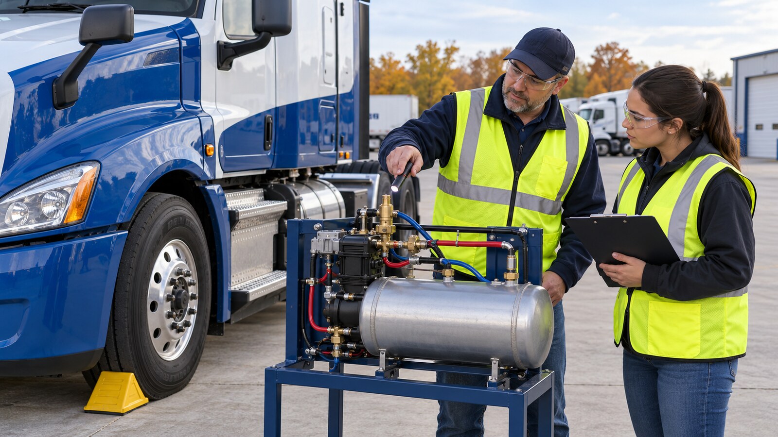 CDL instructor using a flashlight to show a trainee an air-brake safety valve on a secured training stand beside a wheel-chocked commercial tractor