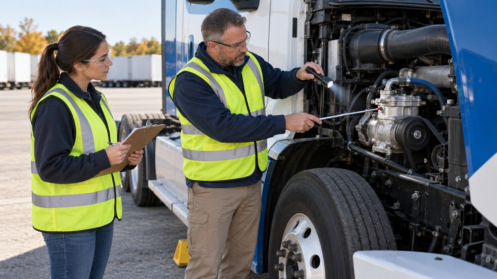 CDL instructor and trainee safely inspecting an engine-mounted truck air compressor and drive area on a wheel-chocked tractor