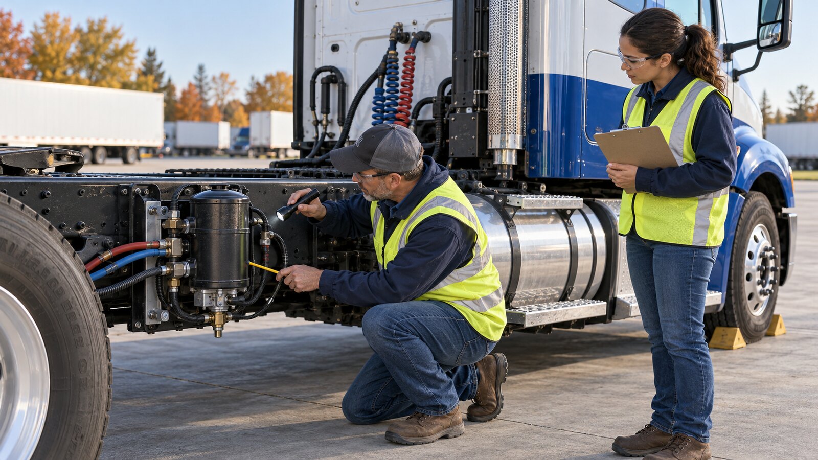 CDL instructor and trainee safely inspecting a frame-mounted commercial-truck air dryer beside a wheel-chocked tractor in an autumn training yard