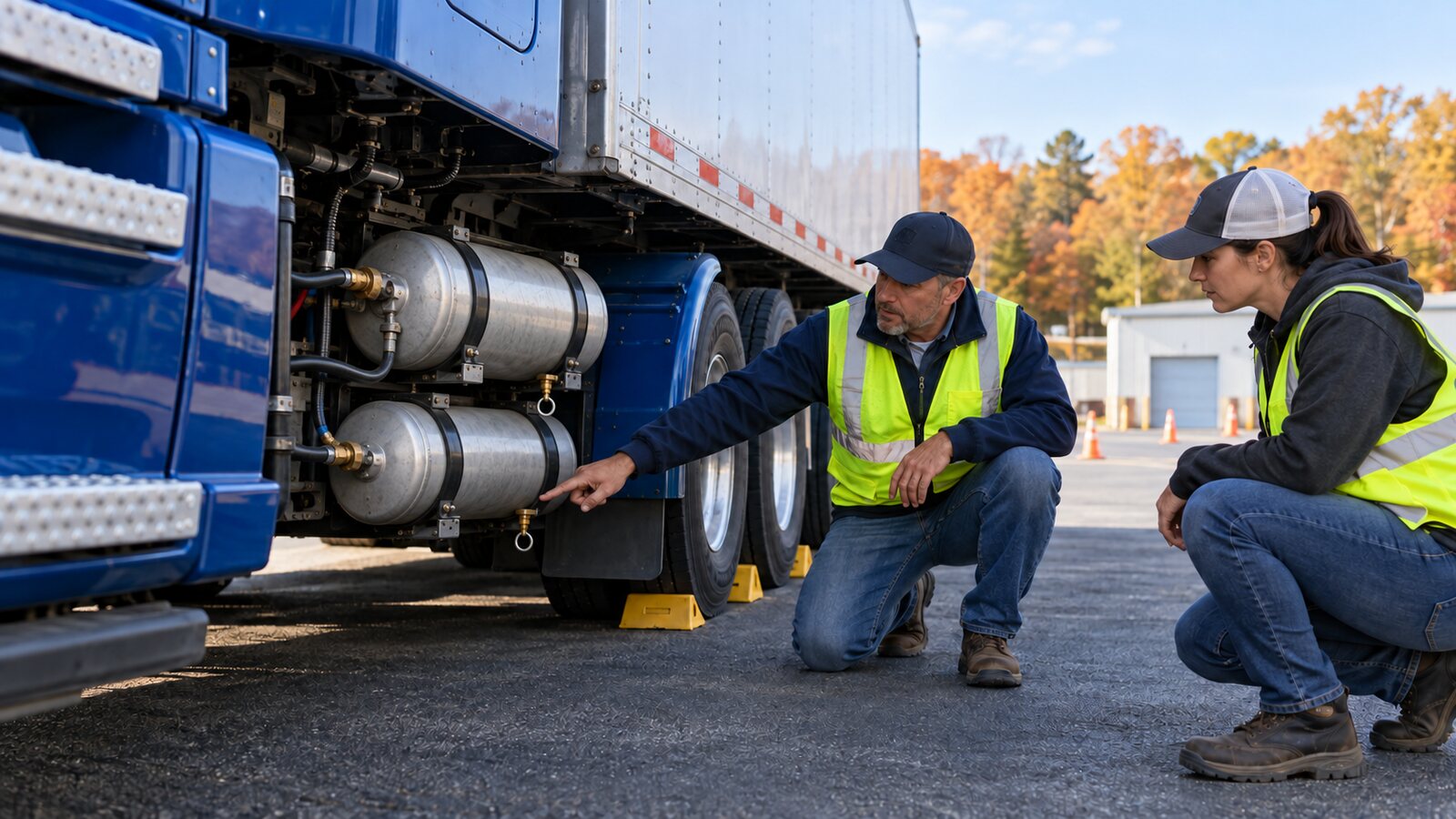 CDL instructor showing a trainee two securely mounted commercial-truck air reservoirs and their drain valves beside a chocked blue tractor-trailer in an autumn training yard