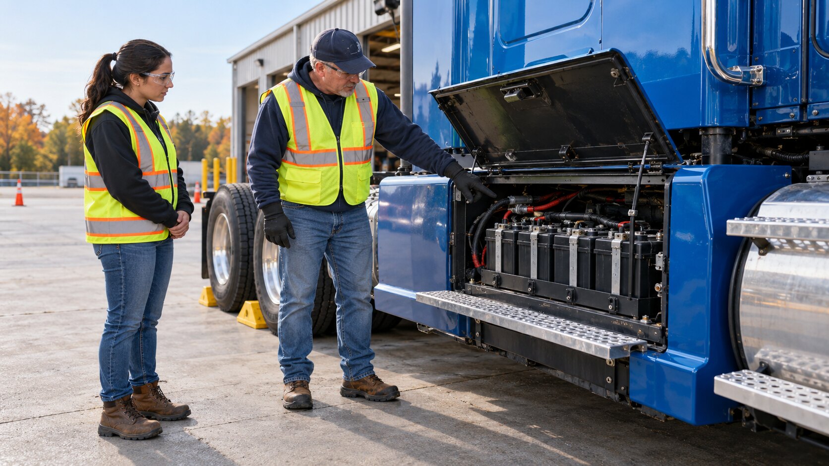 CDL instructor and trainee safely inspecting the secured battery compartment and electrical cables on a chocked blue commercial truck