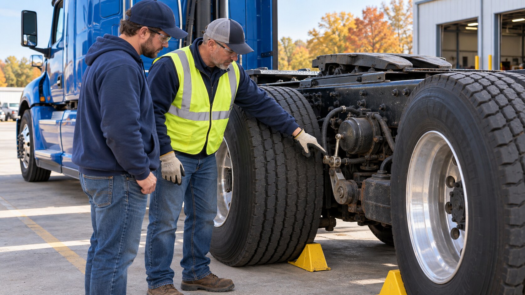 CDL instructor and trainee safely inspecting a commercial truck air-brake chamber and automatic slack adjuster beside a chocked blue tractor