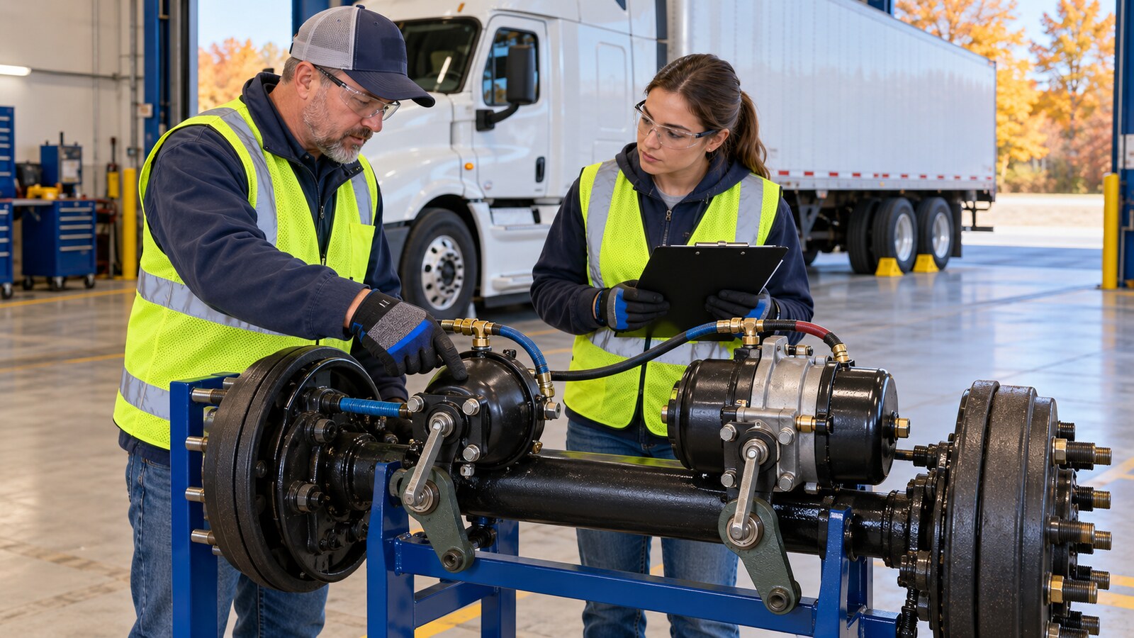 CDL instructor and trainee inspecting service and spring brake chambers on a secure axle training stand beside a wheel-chocked tractor-trailer