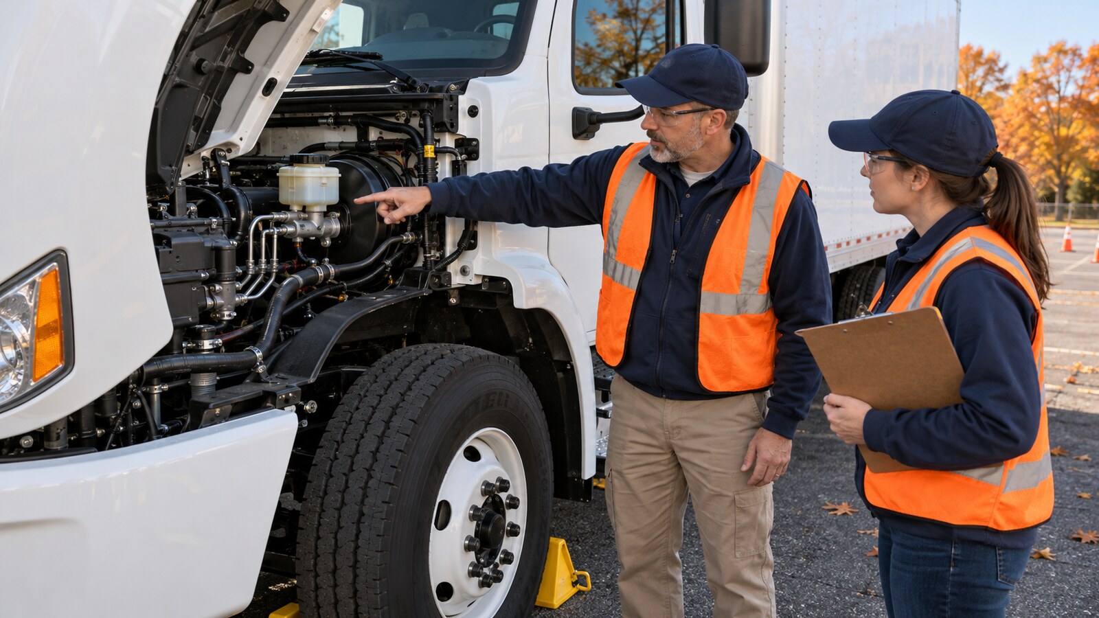 CDL instructor pointing to the hydraulic brake-fluid reservoir and lines under the open hood of a wheel-chocked Class B straight truck while a trainee observes