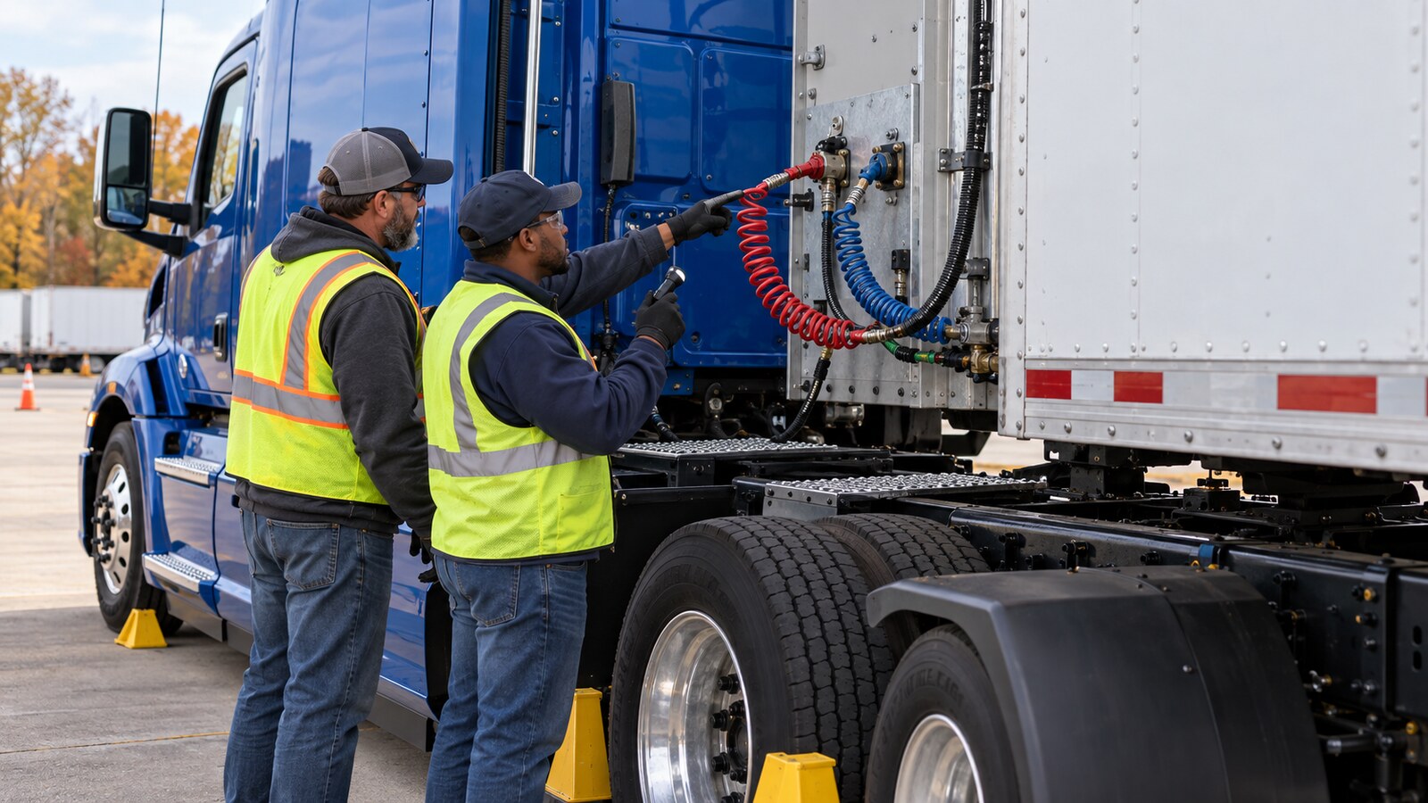 CDL instructor and trainee inspecting red and blue trailer air lines and glad-hand couplers on a blue commercial truck