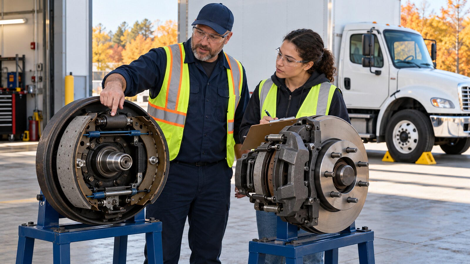 CDL instructor comparing an air drum brake and hydraulic disc brake on secure training stands beside a wheel-chocked Class B truck