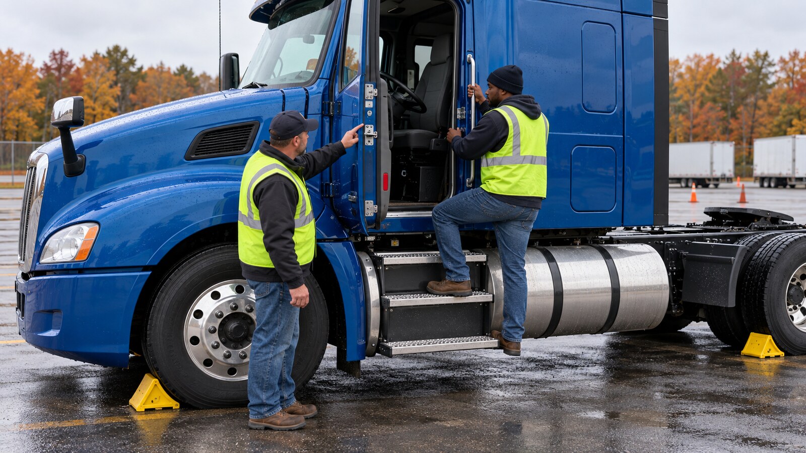 CDL instructor and trainee inspecting a blue commercial truck cab door, steps, and handholds in a training yard