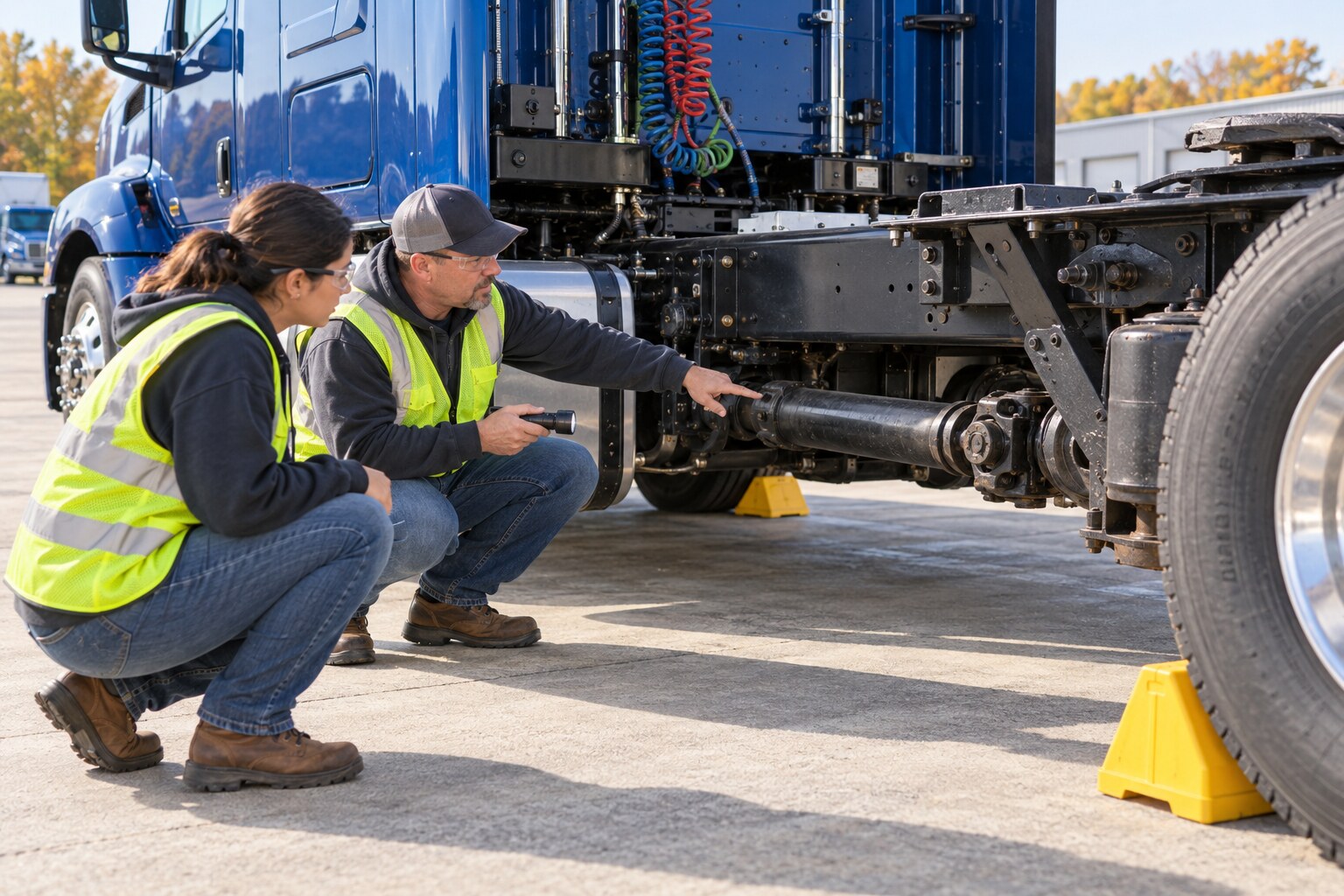 CDL instructor and trainee safely inspecting the visible driveshaft and U-joint area beside a chocked blue commercial truck