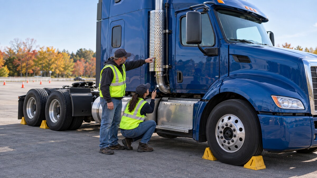 CDL student and instructor inspecting a commercial truck exhaust stack, clamps, and mounting brackets beside a parked tractor