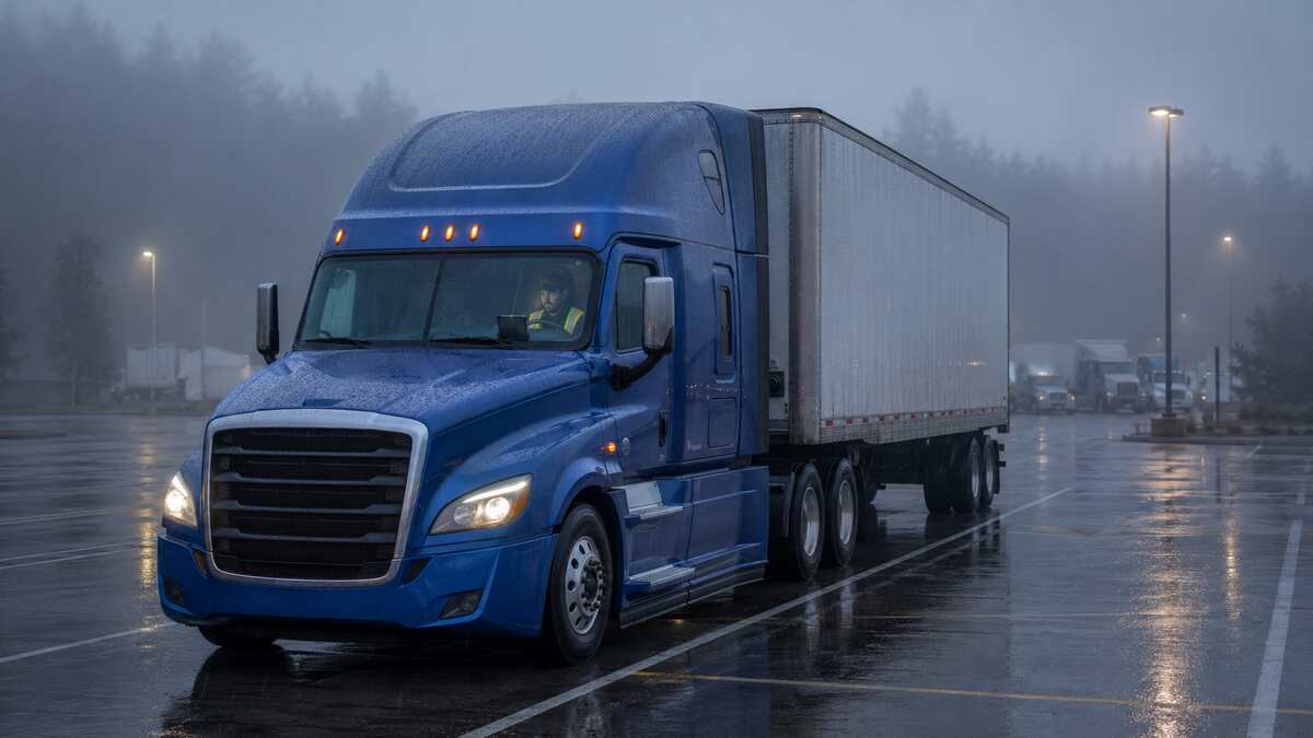Blue semi-truck safely parked at a truck rest area during heavy rain and fog