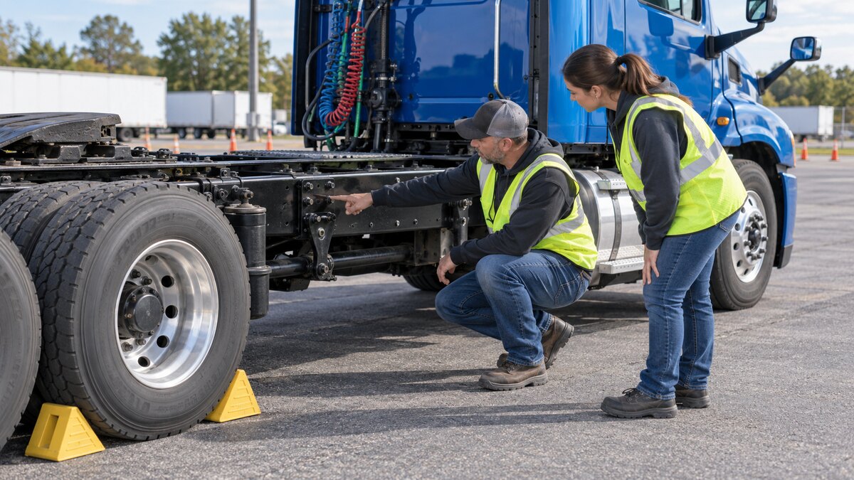 CDL student inspecting commercial truck frame rails and crossmembers from a safe position beside a parked tractor