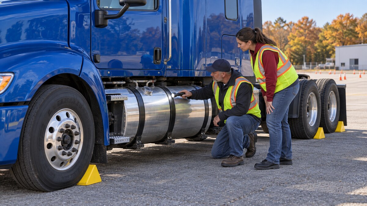 CDL student and instructor inspecting a commercial truck fuel tank, cap, mounting straps, and protected lines beside a parked tractor