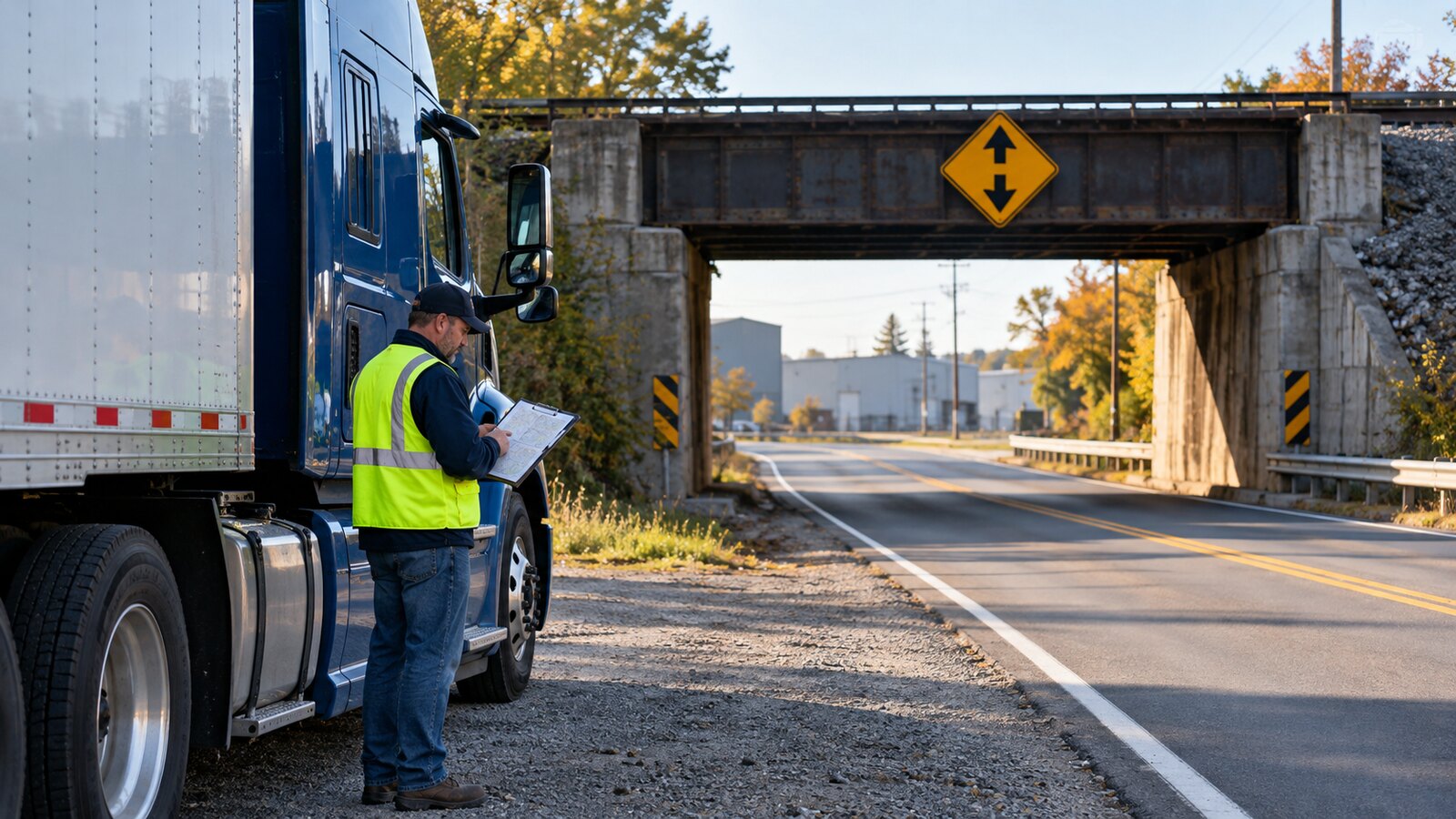 Professional commercial driver checking a truck-route map beside a blue tractor-trailer stopped safely before a low-clearance railroad overpass