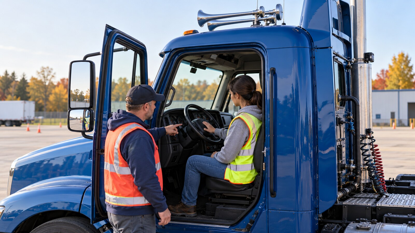CDL instructor and trainee performing a stationary commercial-truck horn and cab-control inspection with the steering-wheel actuator and roof-mounted air horns visible in an autumn training yard
