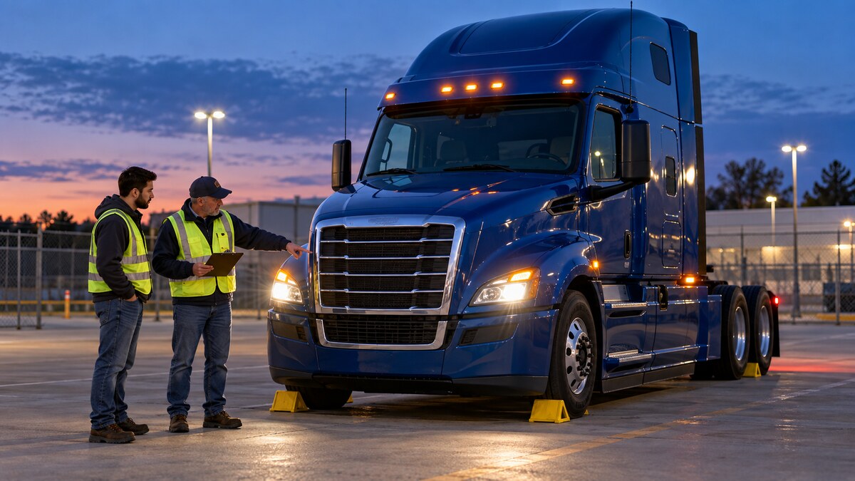 CDL instructor and student checking illuminated headlamps, turn signals, and clearance lights on a blue commercial truck at dusk