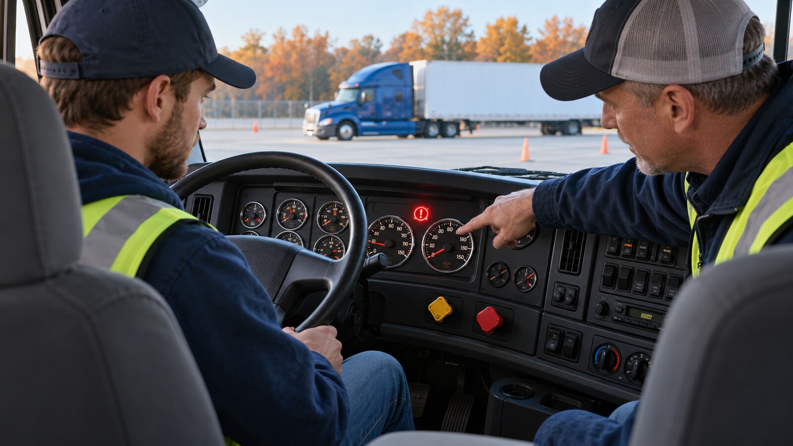 CDL instructor pointing out dual air-pressure gauges and an illuminated low-air warning light to a trainee inside a stationary commercial-truck cab