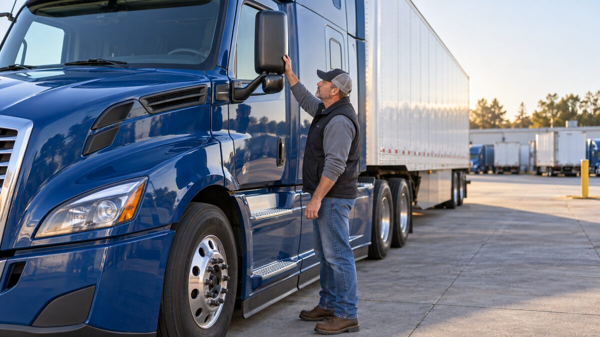 Commercial driver inspecting and adjusting a tractor-trailer side mirror before departure