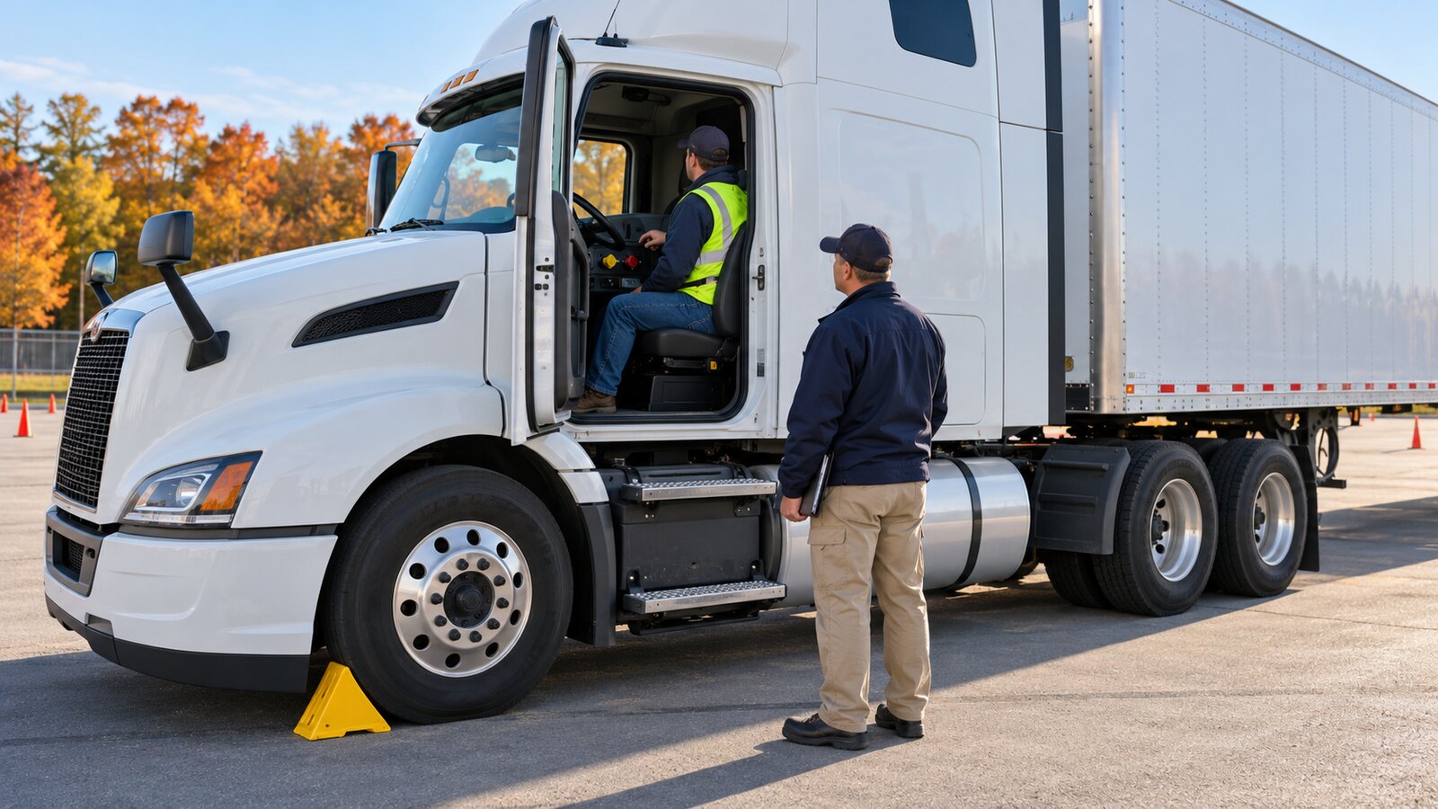 CDL instructor supervising a trainee in a stationary white tractor-trailer during a commercial-truck parking-brake inspection in an autumn training yard