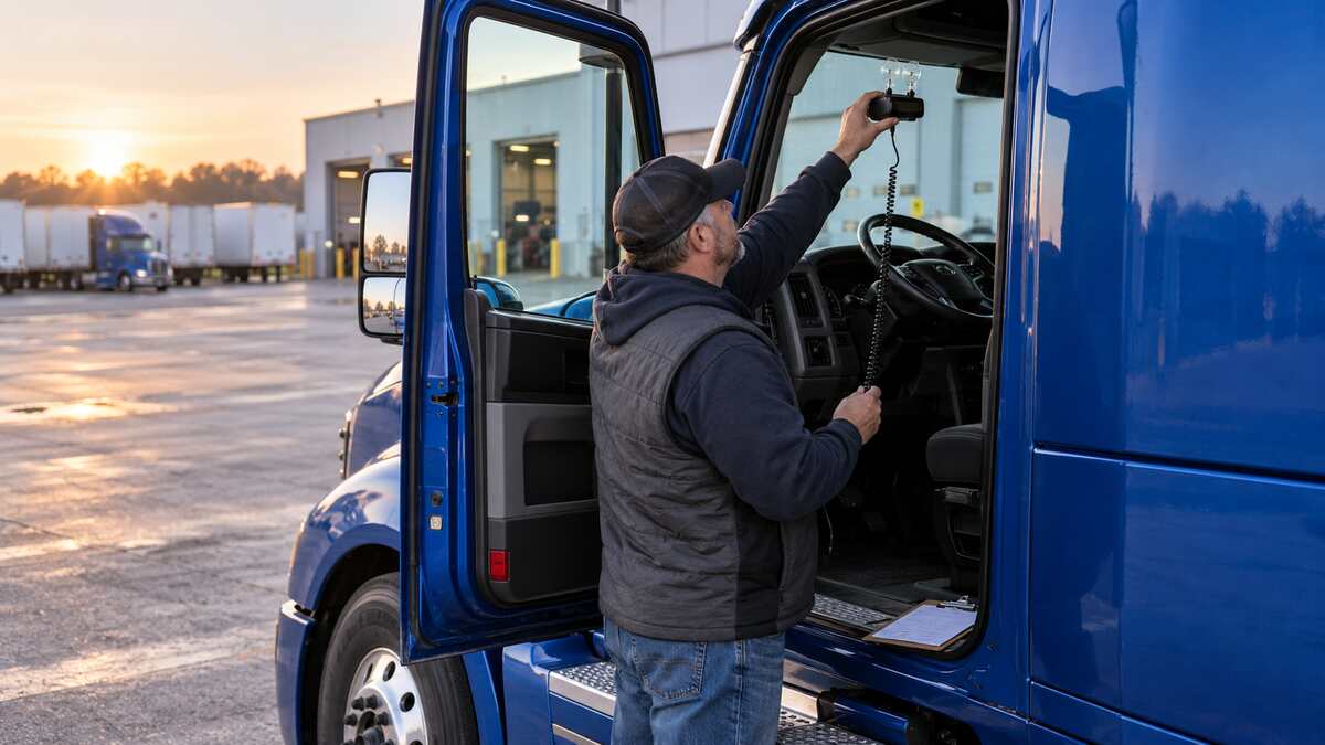Commercial driver removing a radar detector from a parked semi-truck before departure