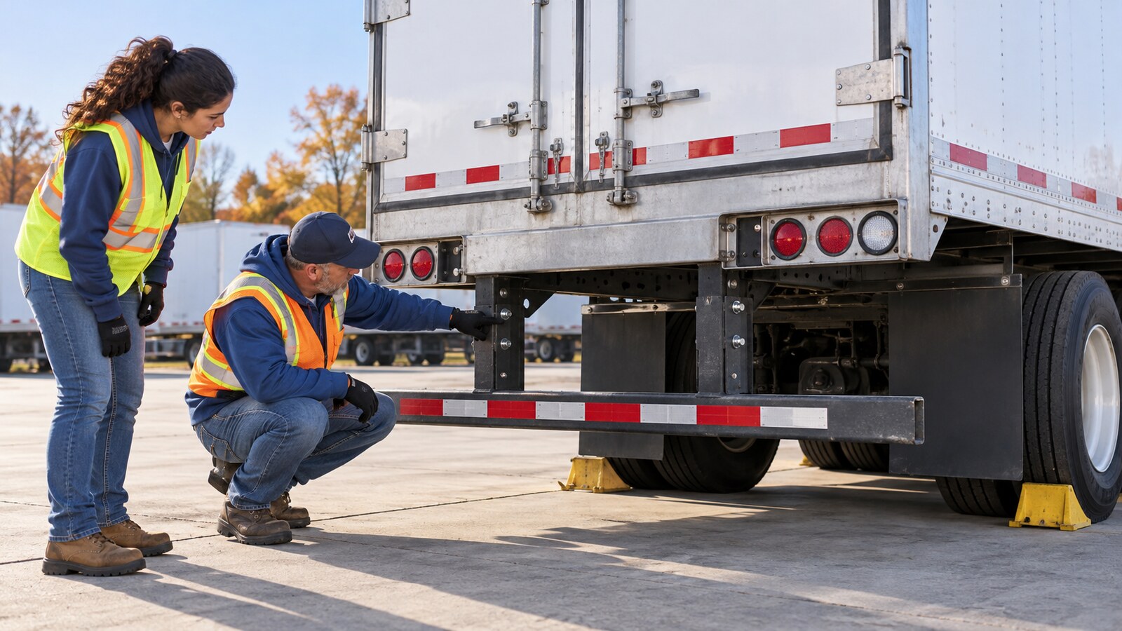 CDL instructor and trainee safely inspecting the rear impact guard and mounting brackets on a secured white semitrailer in an autumn training yard