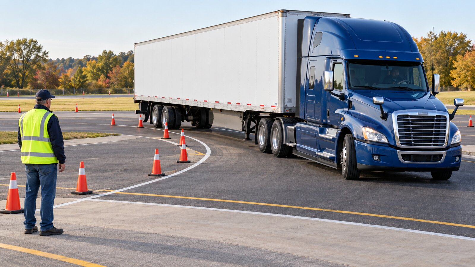 Blue tractor-trailer making a slow right turn through safety cones on a closed CDL training range while an instructor observes from a protected area