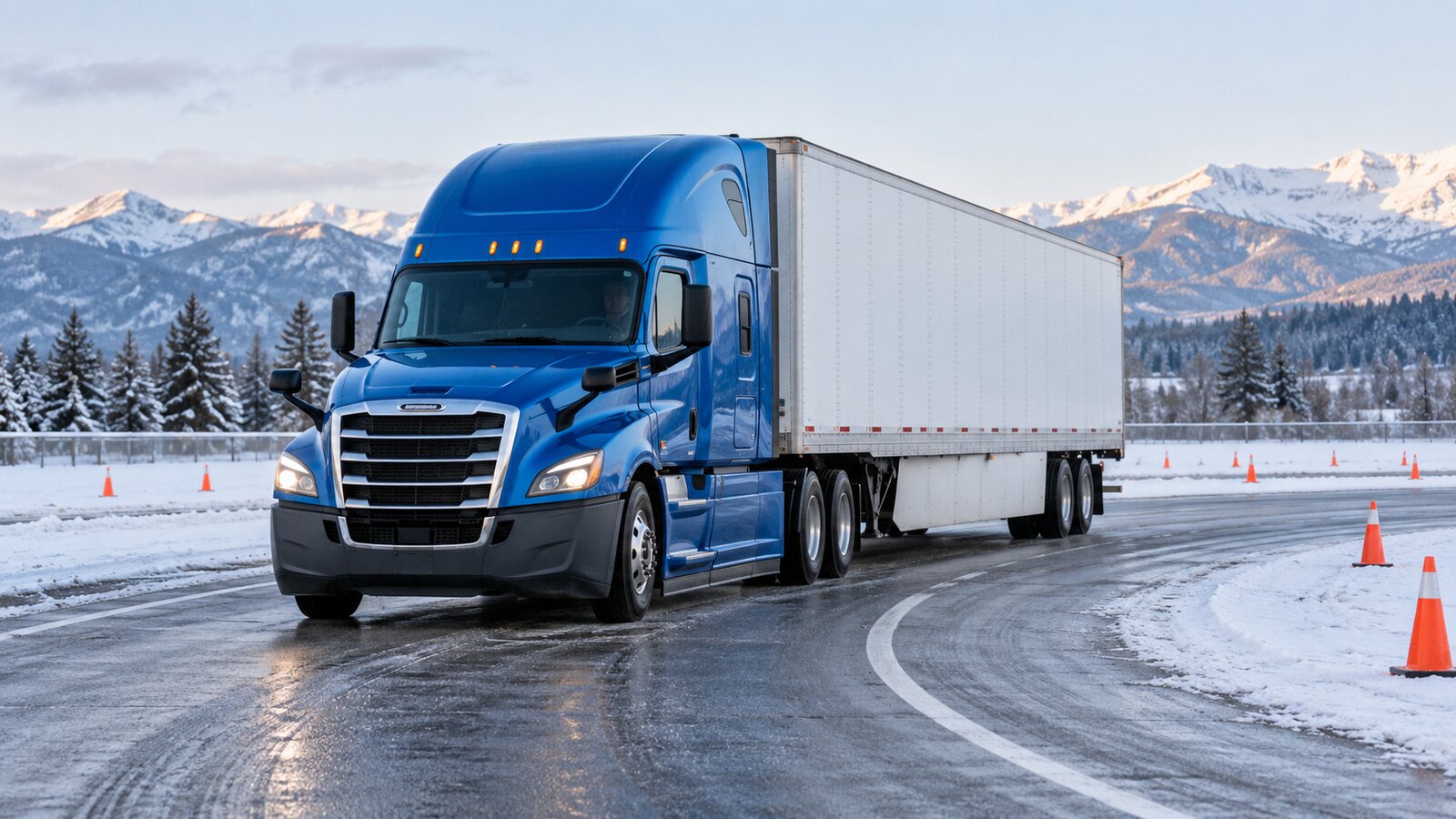 Blue tractor-trailer traveling steadily through a gentle curve on an icy closed training track with safety cones and snow-covered mountains