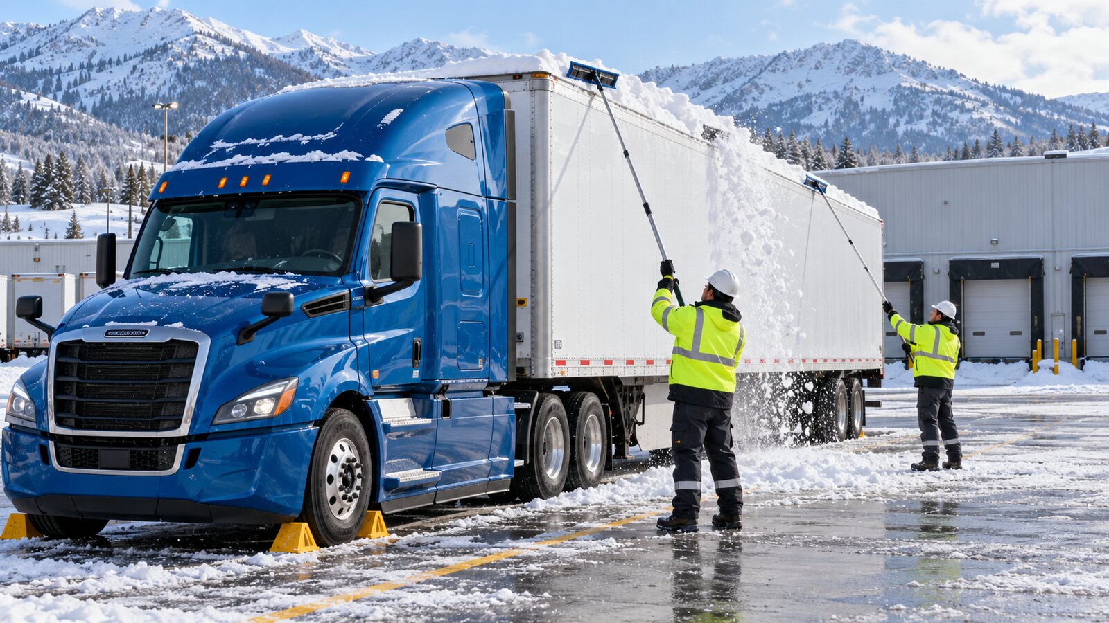 Two commercial drivers in reflective winter PPE safely clearing snow from a chocked blue tractor-trailer with long roof rakes from the ground