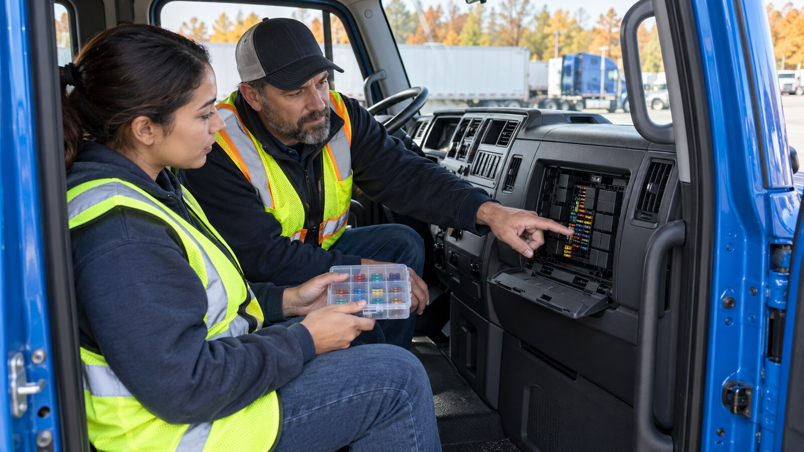 CDL instructor and trainee safely reviewing the fuse and relay panel inside a stationary blue Class 8 truck while holding an organized spare-fuse kit in an autumn training yard