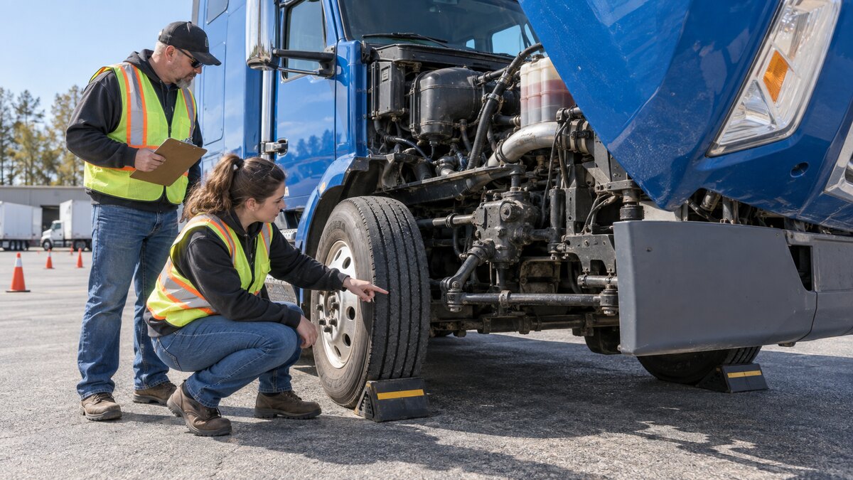 CDL student inspecting a commercial truck steering box, pitman arm, and linkage with the hood safely open