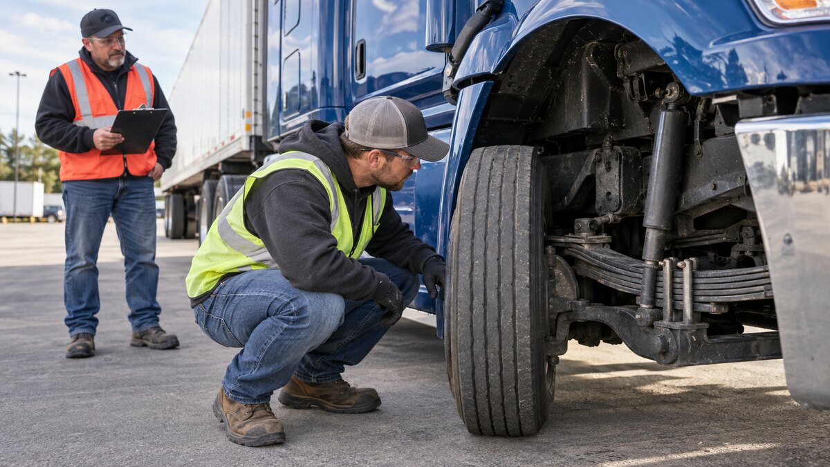 CDL student inspecting leaf springs, U-bolts, and a shock absorber on a parked commercial truck