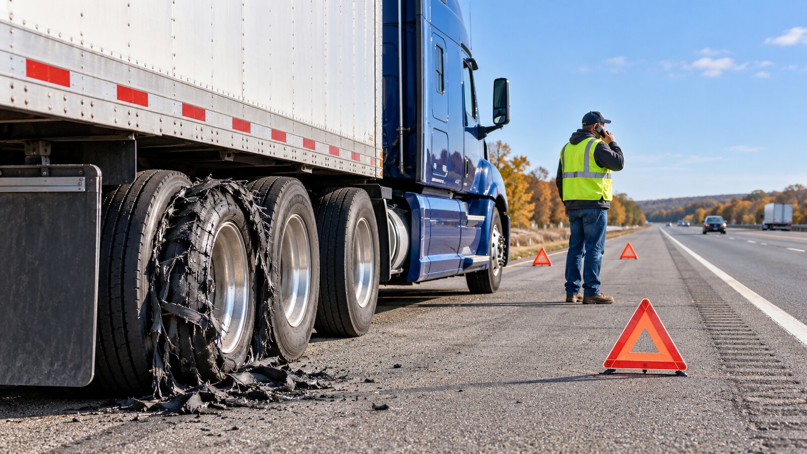 Blue tractor-trailer stopped on a wide highway shoulder after a rear tire failure, with reflective warning triangles placed behind it and the driver calling roadside assistance from a safe position