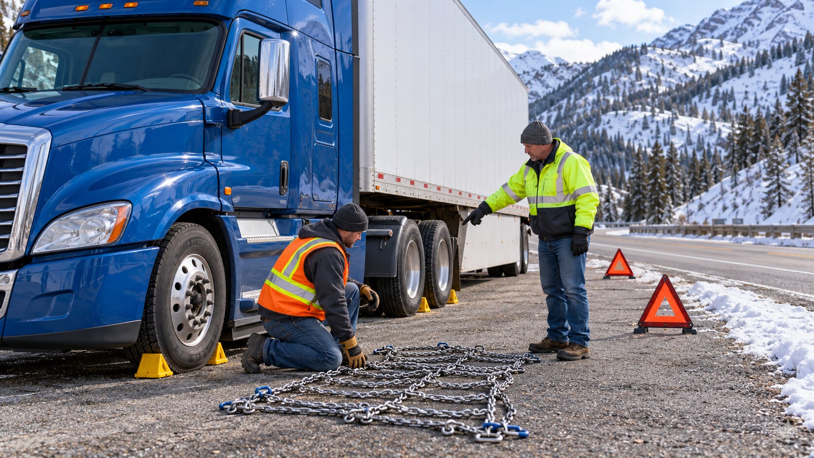 CDL instructor and commercial driver inspecting truck tire chains at a safe mountain chain-up area beside a chocked blue tractor-trailer