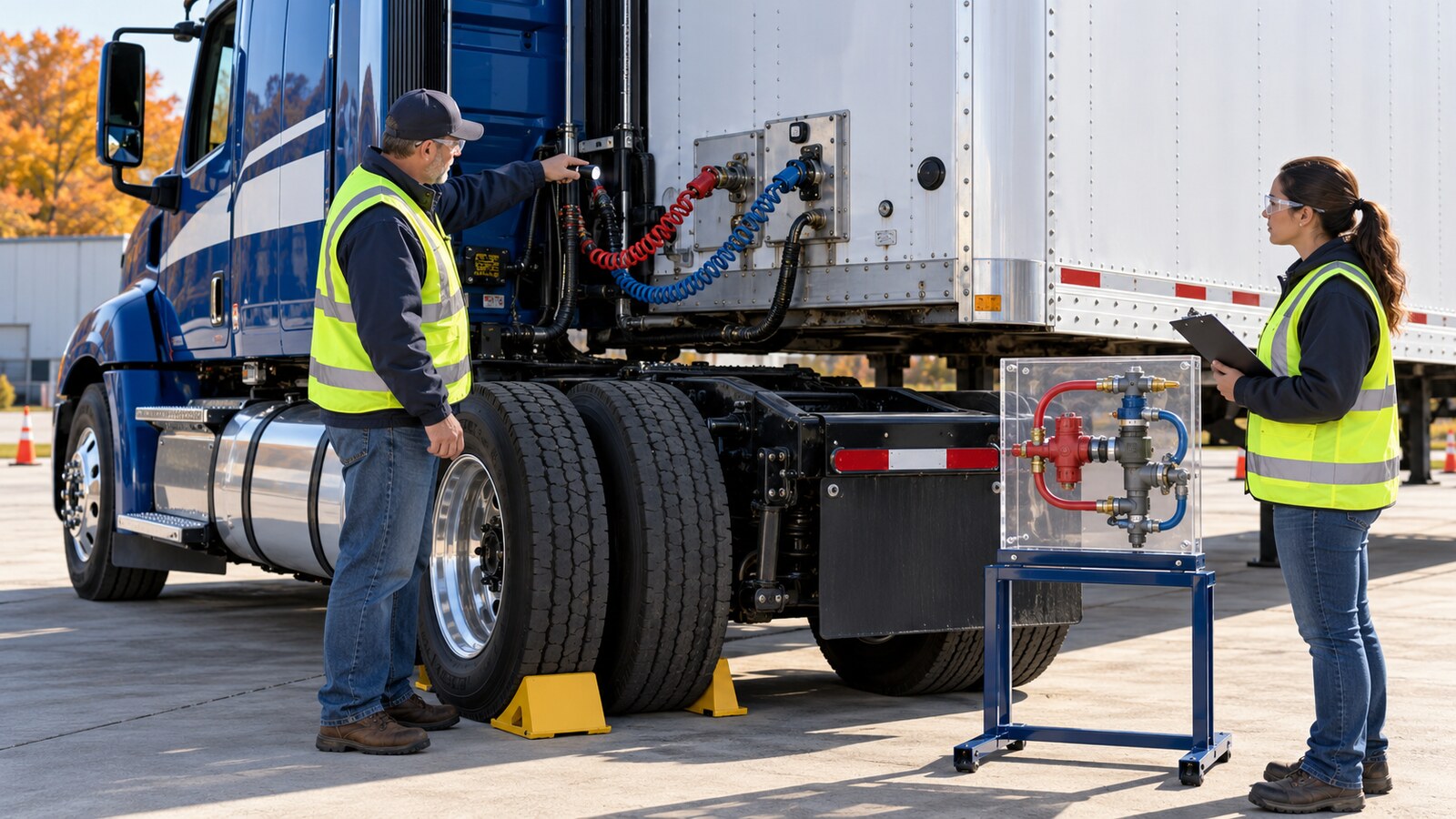 CDL instructor showing a trainee the red trailer supply air line and tractor protection system on a wheel-chocked tractor-trailer