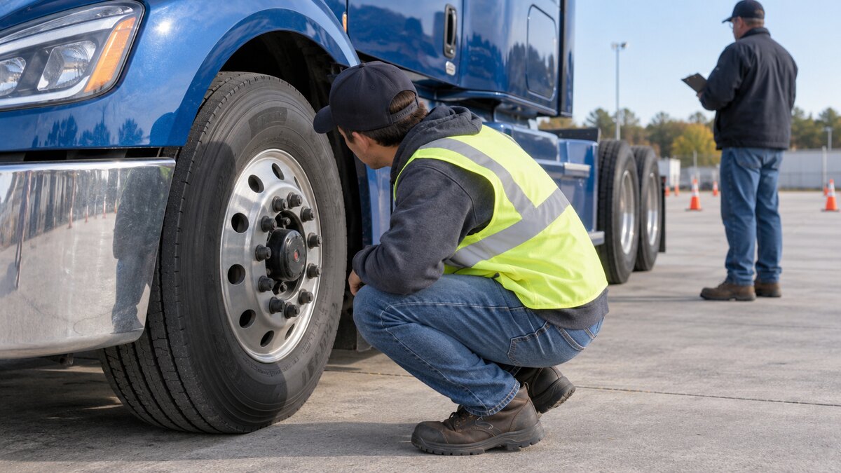 CDL student inspecting lug nuts and the front wheel hub during a commercial-truck pre-trip inspection