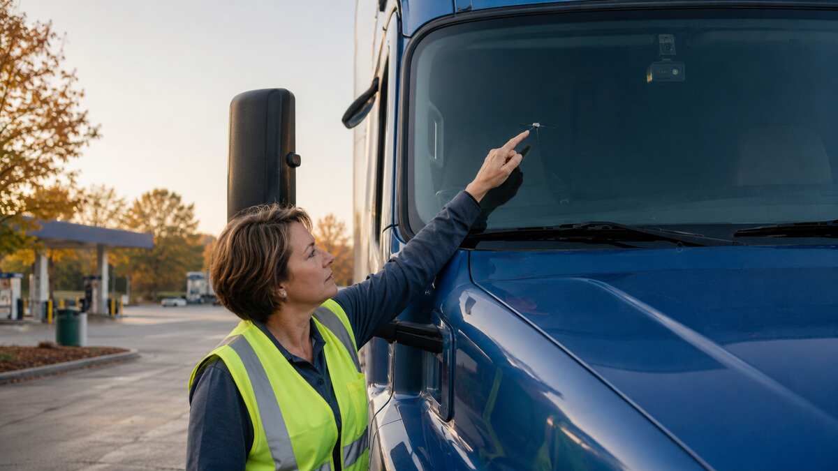 Commercial driver inspecting a small chip in the windshield of a blue semi-truck